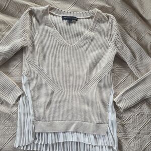 French Connection Beige V-Neck Sweater with Pleated Hem
